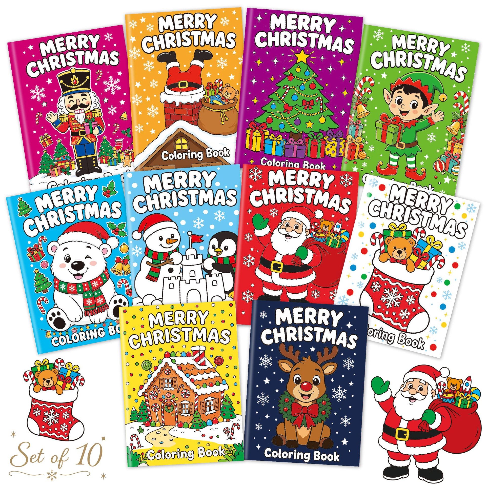 10 Pack Mini Christmas Coloring and Activity Books for Kids - 12 Double-Sided Pages with Santa, Snowman and Holiday Puzzles - Portable Party Favors and Stocking Stuffers