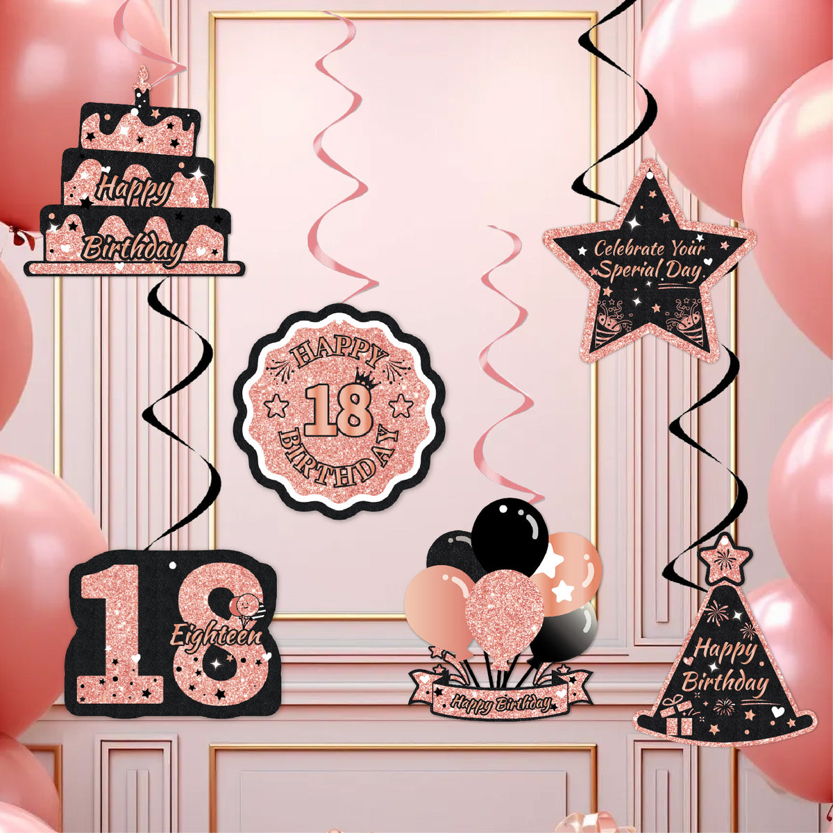 Black & Pink Happy Birthday Decorations Set for Girls/ Women/ Men, 18th-80th Birthday Banner, Cake Topper, Cupcake Toppers & Hanging Swirls, 29PCS Birthday Party Supplies