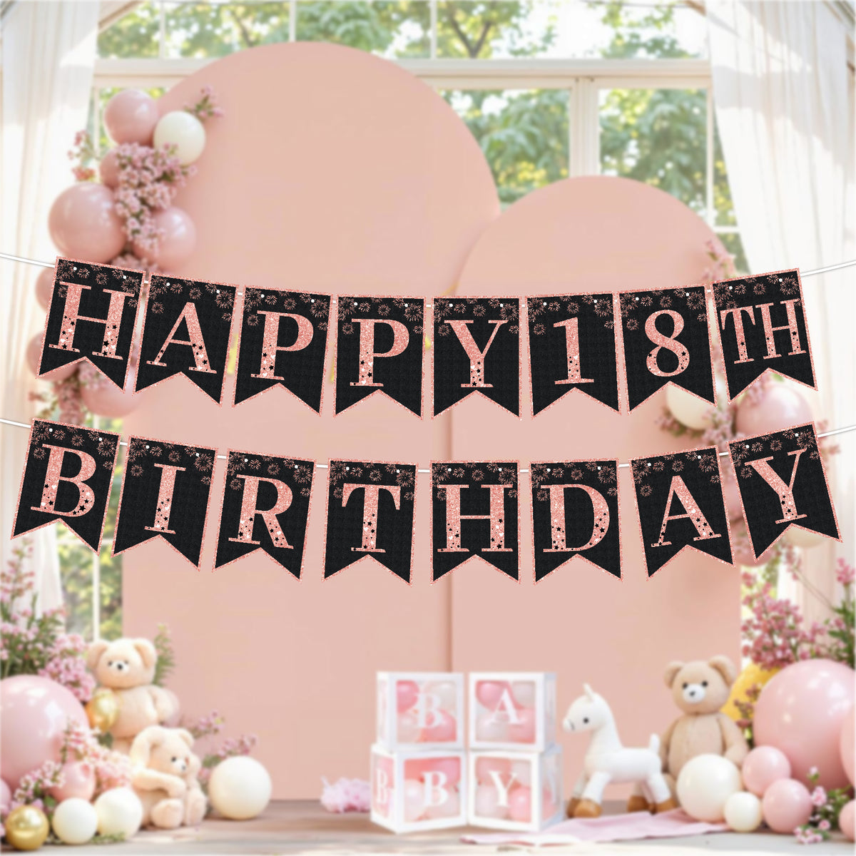 Black & Pink Happy Birthday Decorations Set for Girls/ Women/ Men, 18th-80th Birthday Banner, Cake Topper, Cupcake Toppers & Hanging Swirls, 29PCS Birthday Party Supplies
