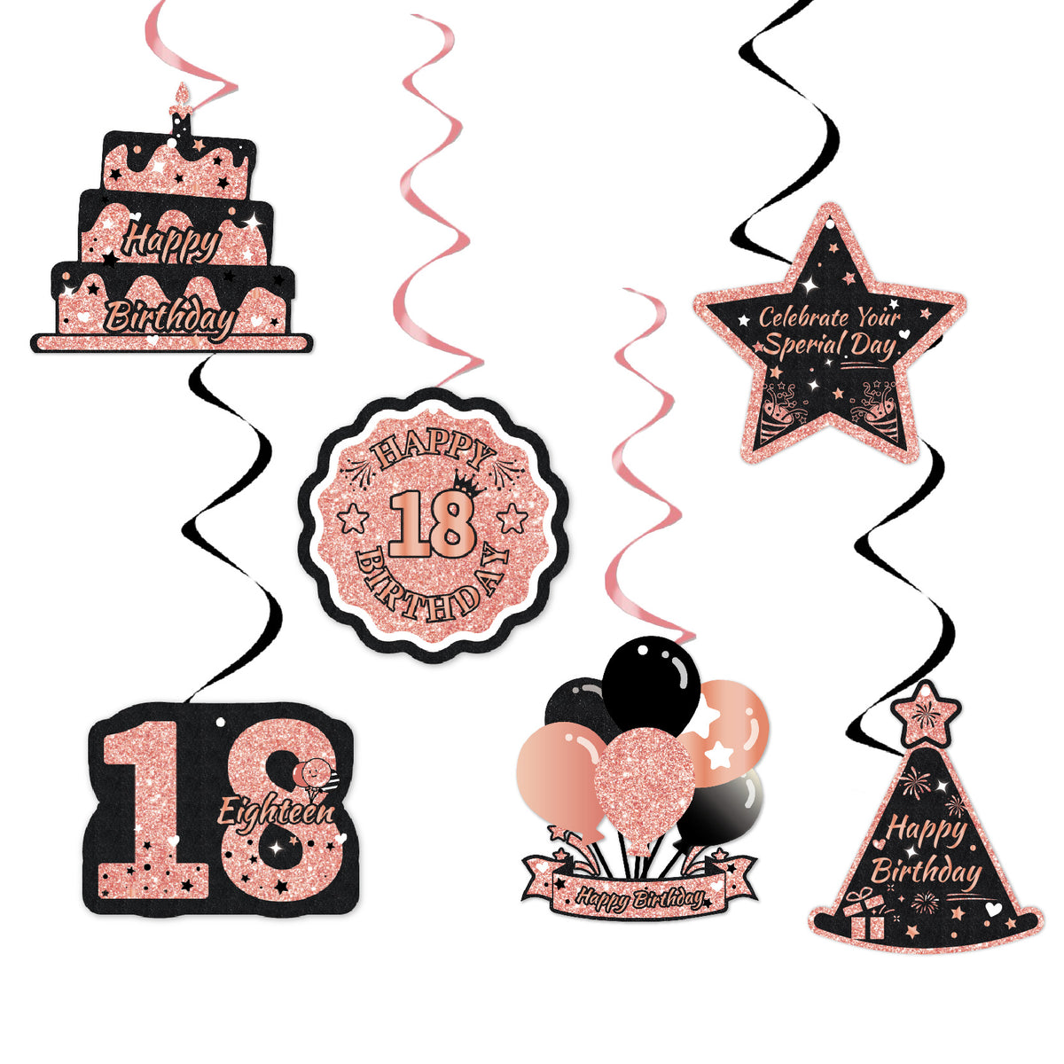 Black & Pink Happy Birthday Decorations Set for Girls/ Women/ Men, 18th-80th Birthday Banner, Cake Topper, Cupcake Toppers & Hanging Swirls, 29PCS Birthday Party Supplies