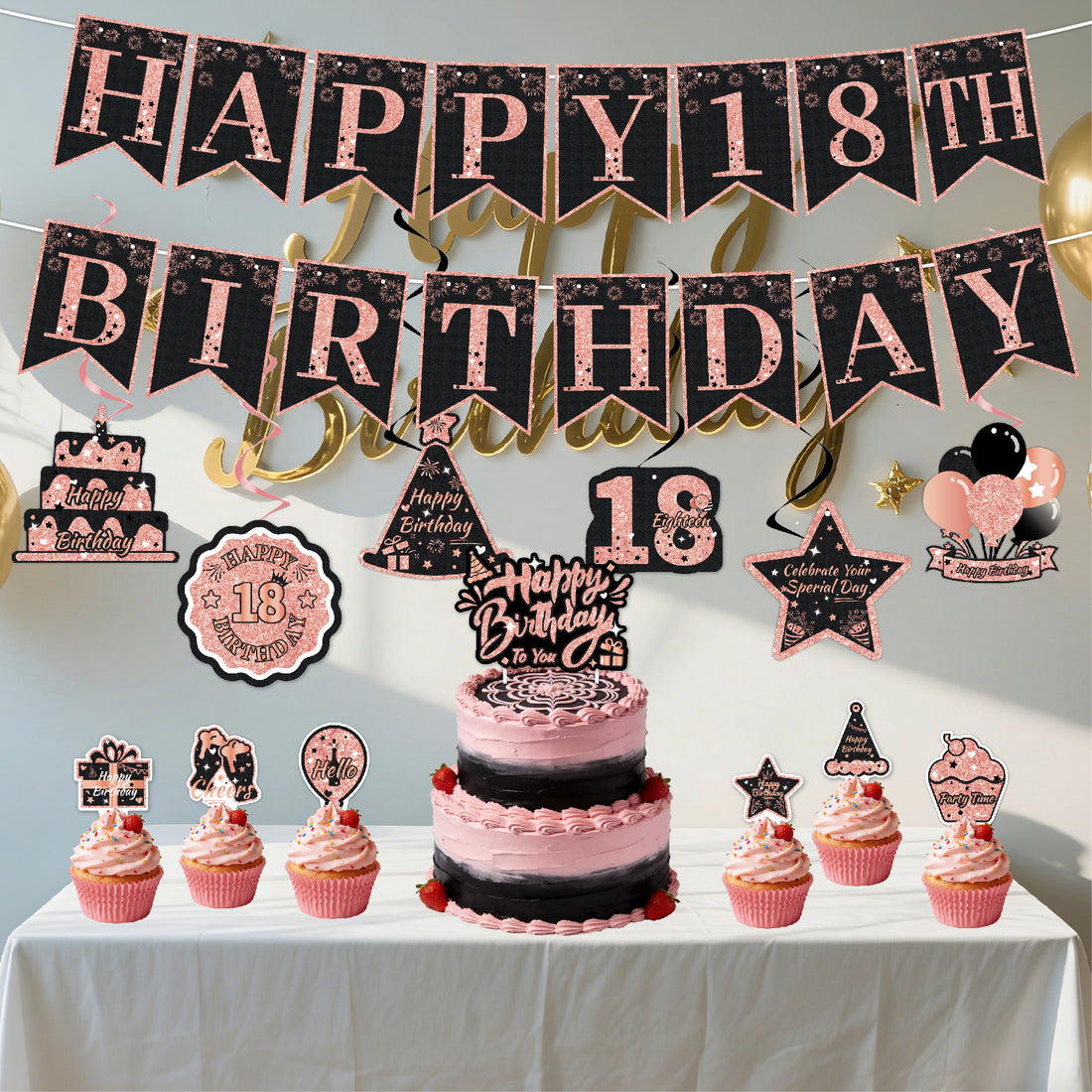 Black & Pink Happy Birthday Decorations Set for Girls/ Women/ Men, 18th-80th Birthday Banner, Cake Topper, Cupcake Toppers & Hanging Swirls, 29PCS Birthday Party Supplies