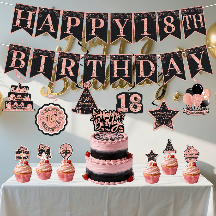 Black & Pink Happy Birthday Decorations Set for Girls/ Women/ Men, 18th-80th Birthday Banner, Cake Topper, Cupcake Toppers & Hanging Swirls, 29PCS Birthday Party Supplies