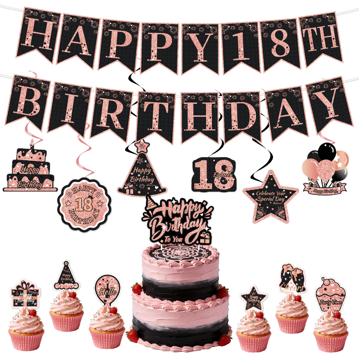 Black & Pink Happy Birthday Decorations Set for Girls/ Women/ Men, 18th-80th Birthday Banner, Cake Topper, Cupcake Toppers & Hanging Swirls, 29PCS Birthday Party Supplies