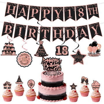 Black & Pink Happy Birthday Decorations Set for Girls/ Women/ Men, 18th-80th Birthday Banner, Cake Topper, Cupcake Toppers & Hanging Swirls, 29PCS Birthday Party Supplies