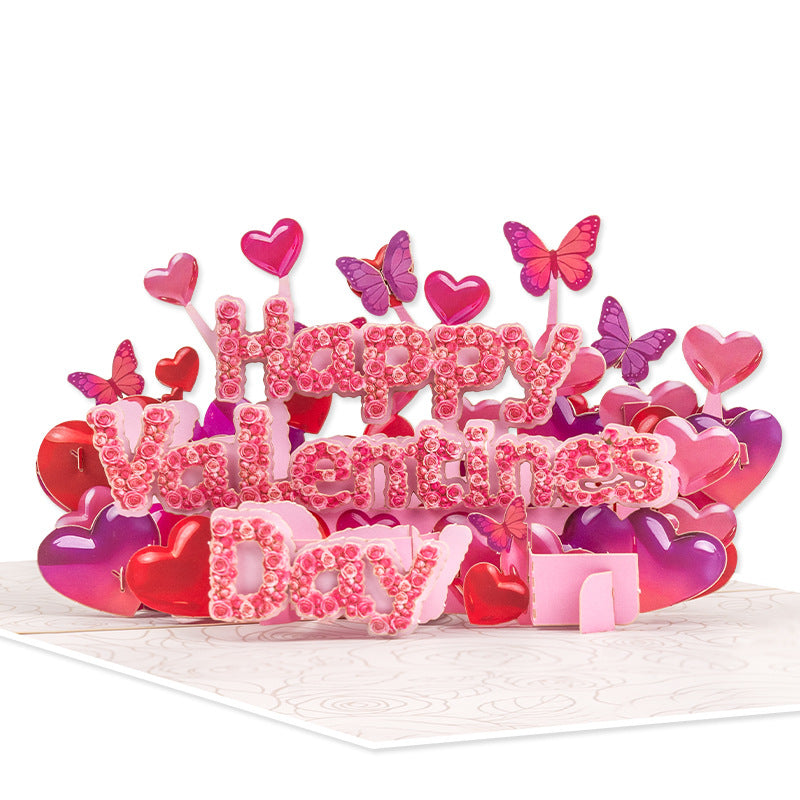 2027 Pink Hearts & Butterflies Romantic Valentine's Day Pop Up Card