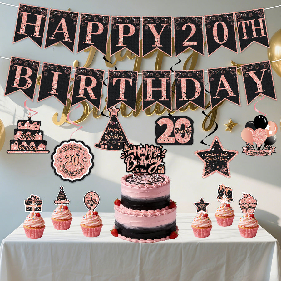Black & Pink Happy Birthday Decorations Set for Girls/ Women/ Men, 18th-80th Birthday Banner, Cake Topper, Cupcake Toppers & Hanging Swirls, 29PCS Birthday Party Supplies
