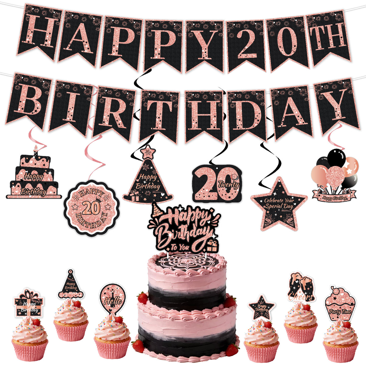 Black & Pink Happy Birthday Decorations Set for Girls/ Women/ Men, 18th-80th Birthday Banner, Cake Topper, Cupcake Toppers & Hanging Swirls, 29PCS Birthday Party Supplies