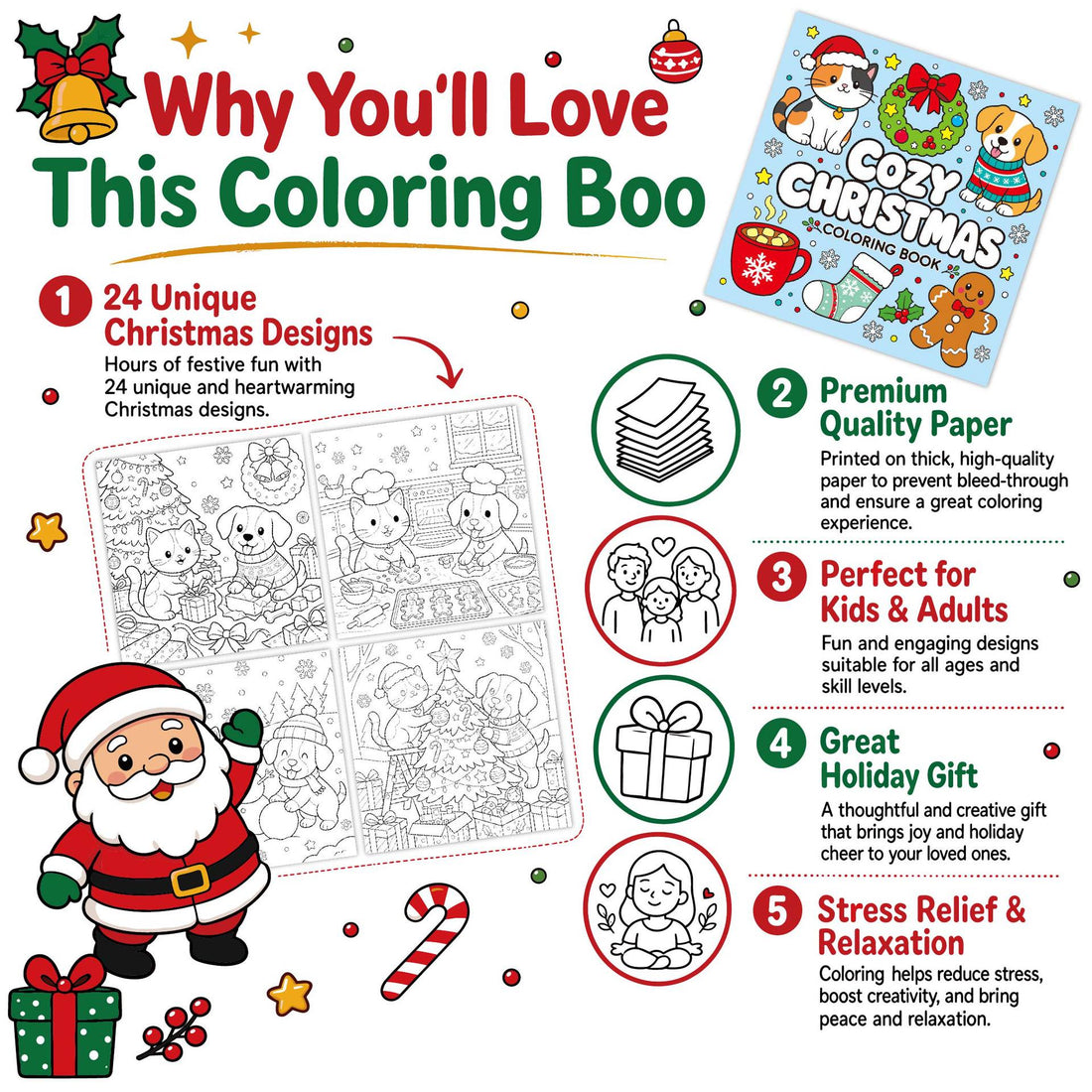 20x20cm Christmas Coloring Book for Kids and Adults (4 Themes Optional)