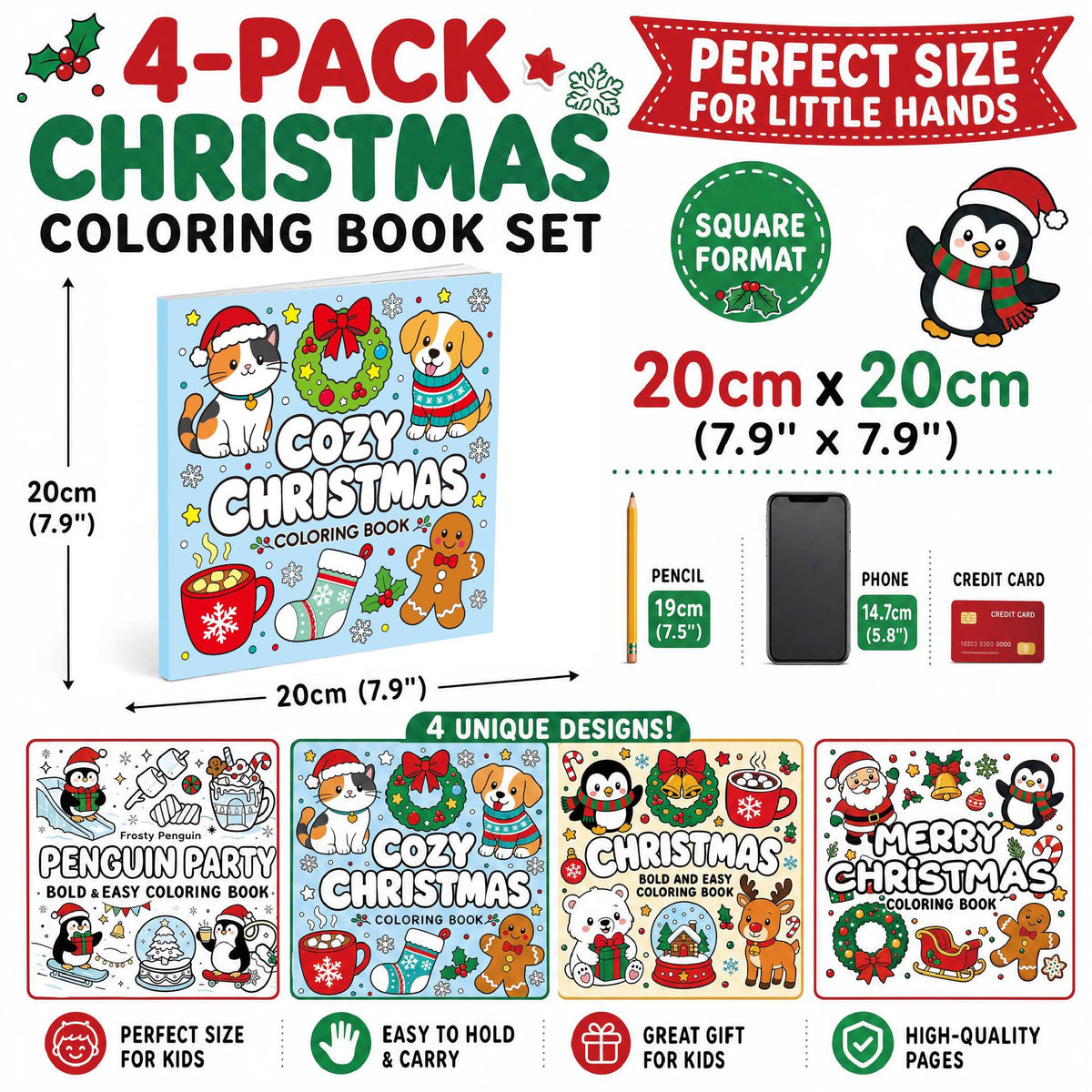 20x20cm Christmas Coloring Book for Kids and Adults (4 Themes Optional)