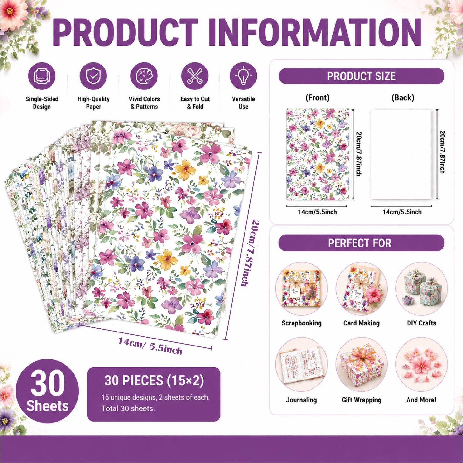 30 Sheets Vintage Floral Scrapbook Paper Pad – 5.5 x 7.8" Aesthetic Journaling Decorative Paper for Card Making, DIY Crafts, Junk Journal & Photo Album