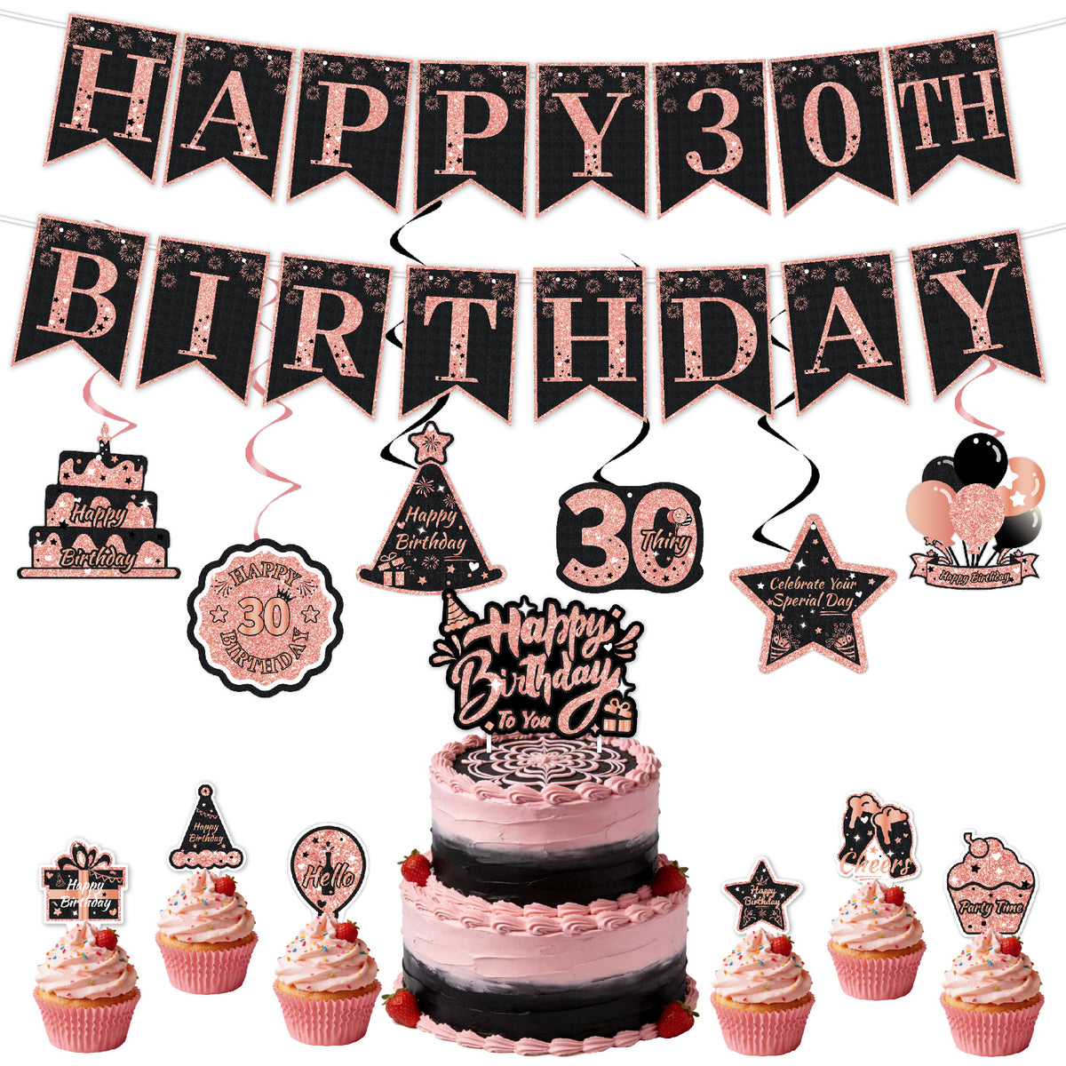 Black & Pink Happy Birthday Decorations Set for Girls/ Women/ Men, 18th-80th Birthday Banner, Cake Topper, Cupcake Toppers & Hanging Swirls, 29PCS Birthday Party Supplies