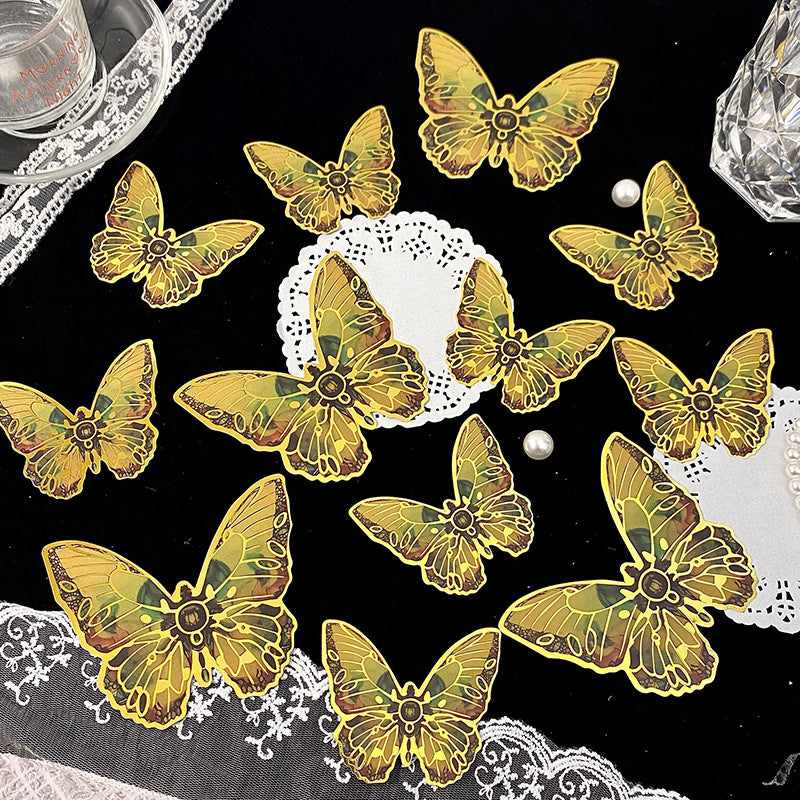 12pcs/pack 3D Creative Iridescent & Gold-Foil Butterfly Laser PET Wall Stickers – DIY Decorative Stickers for "Guka" (Acrylic Charm) Crafts and Journals