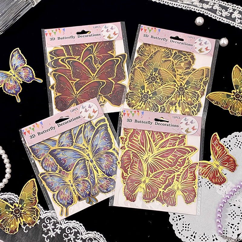 12pcs/pack 3D Creative Iridescent & Gold-Foil Butterfly Laser PET Wall Stickers – DIY Decorative Stickers for "Guka" (Acrylic Charm) Crafts and Journals