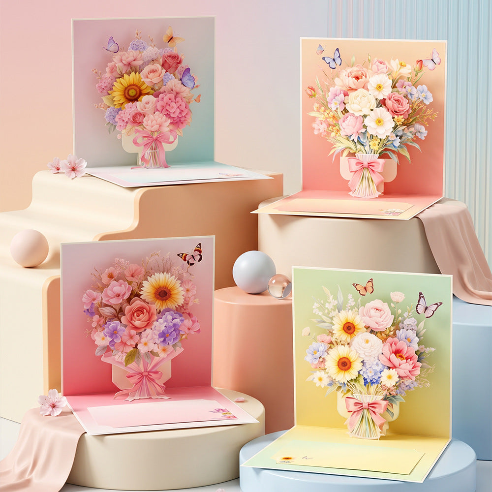 3D Floral Bouquet Pop-Up Greeting Cards Set (4-Pack)