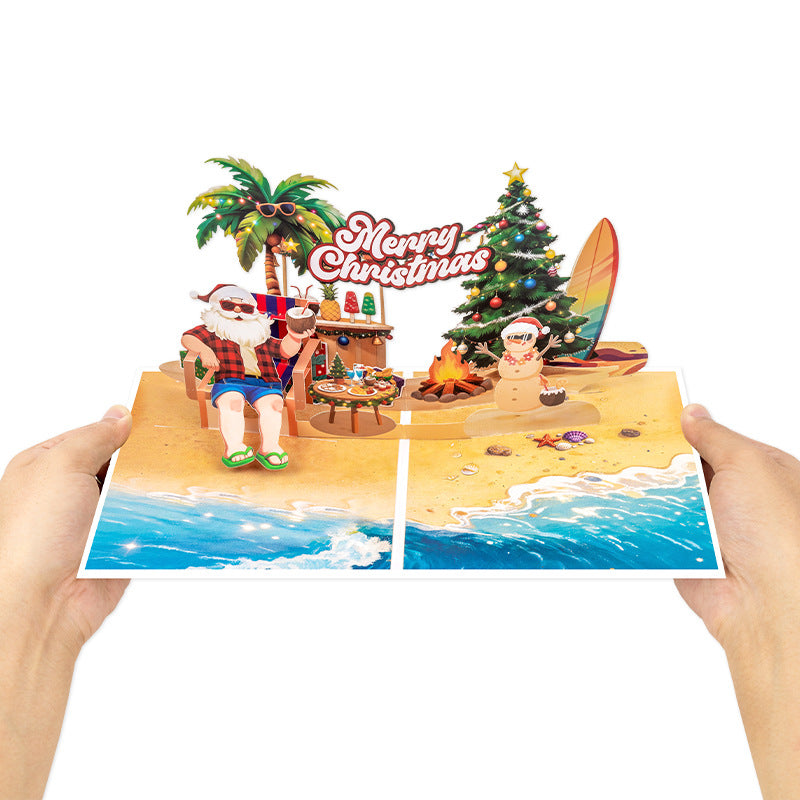 3D Pop-Up Beach Santa Claus & Palm Tree Christmas Greeting Card – Tropical Holiday Gift with Blank Note Card & Envelope