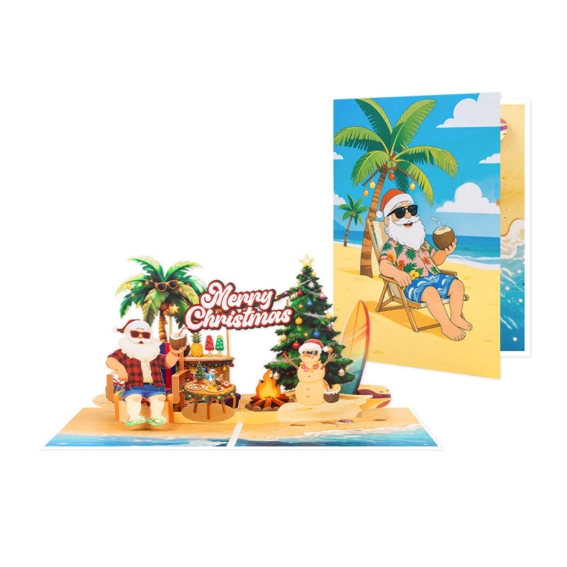 3D Beach Santa Claus & Palm Tree Christmas Pop-Up Card