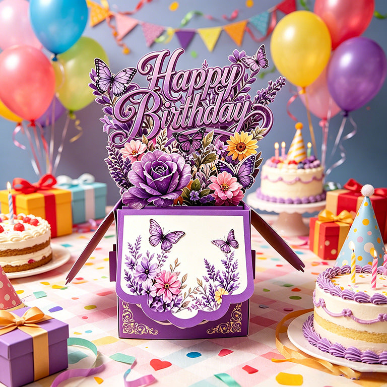 3D Pop-Up Purple Floral & Butterfly Birthday Card Box | Unique 3D Greeting Card with Envelope & Note Card