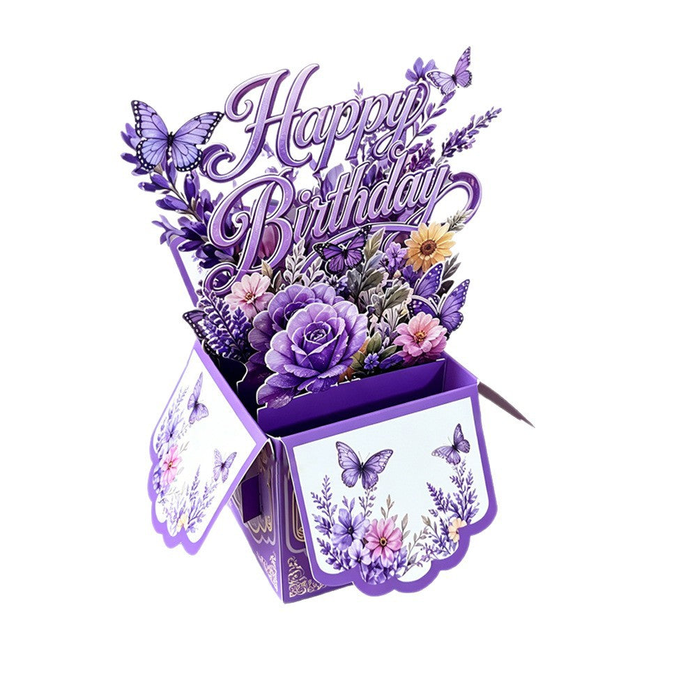 3D Pop-Up Purple Floral & Butterfly Birthday Card Box | Unique 3D Greeting Card with Envelope & Note Card