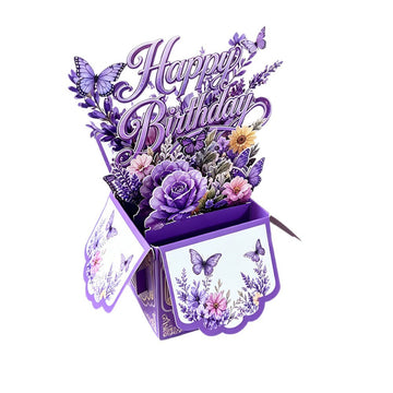 3D Pop-Up Purple Floral & Butterfly Birthday Card Box | Unique 3D Greeting Card with Envelope & Note Card