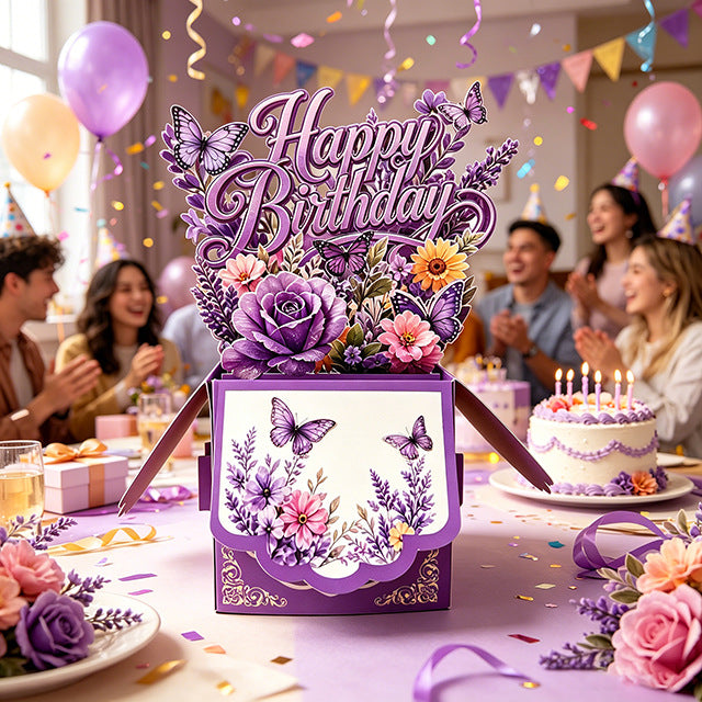 3D Pop-Up Purple Floral & Butterfly Birthday Card Box | Unique 3D Greeting Card with Envelope & Note Card