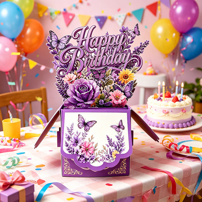3D Pop-Up Purple Floral & Butterfly Birthday Card Box | Unique 3D Greeting Card with Envelope & Note Card