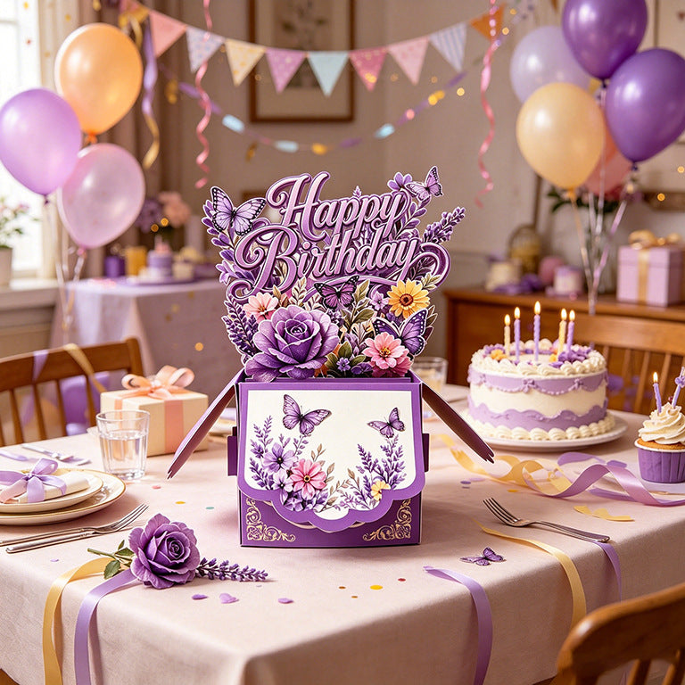 3D Pop-Up Purple Floral & Butterfly Birthday Card Box | Unique 3D Greeting Card with Envelope & Note Card