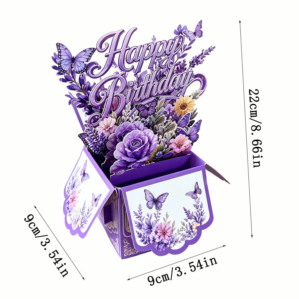 3D Pop-Up Purple Floral & Butterfly Birthday Card Box | Unique 3D Greeting Card with Envelope & Note Card