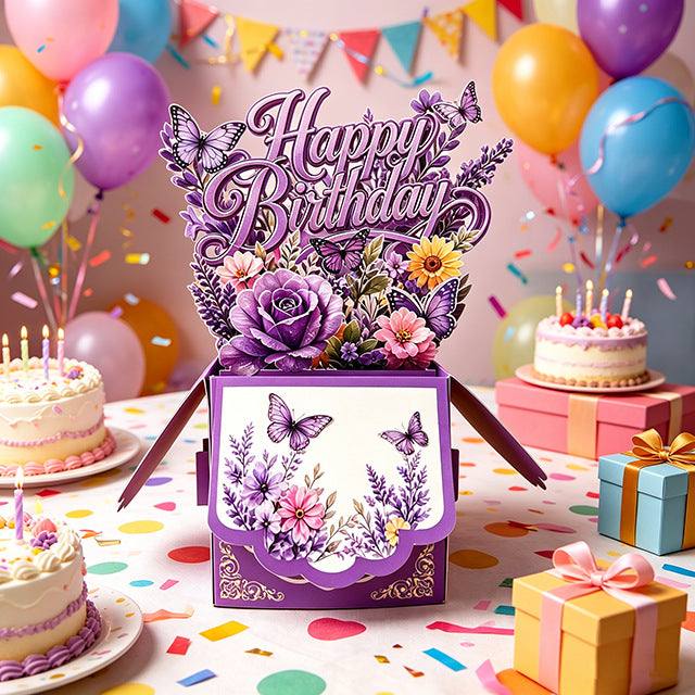 3D Pop-Up Purple Floral & Butterfly Birthday Card Box | Unique 3D Greeting Card with Envelope & Note Card