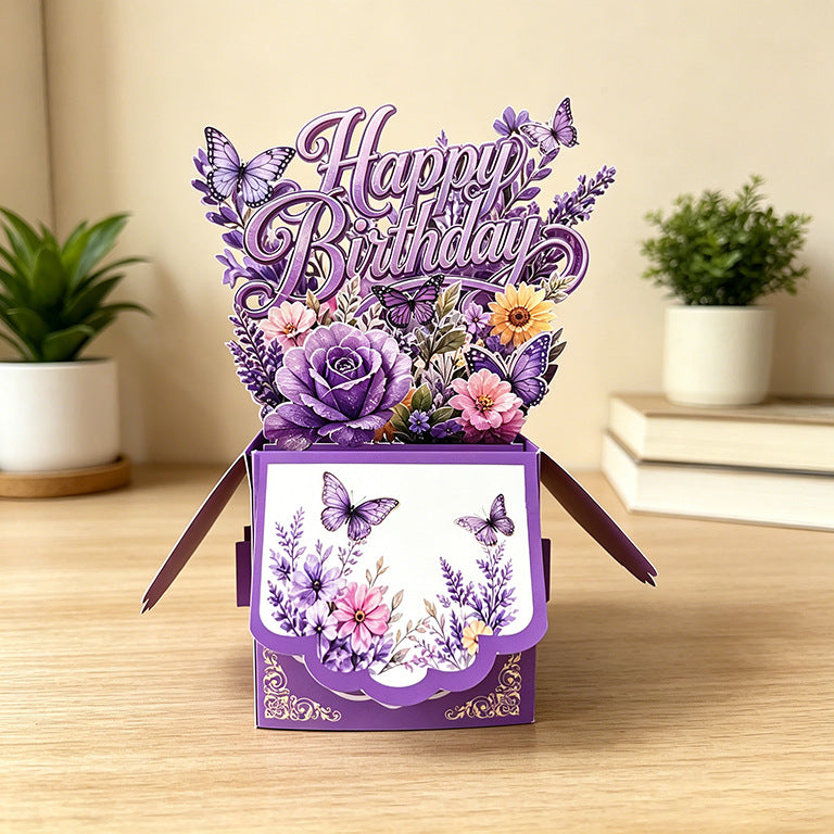 3D Pop-Up Purple Floral & Butterfly Birthday Card Box | Unique 3D Greeting Card with Envelope & Note Card