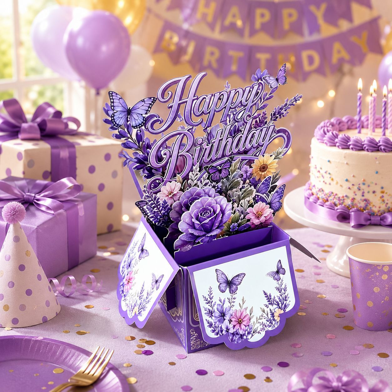 3D Pop-Up Purple Floral & Butterfly Birthday Card Box | Unique 3D Greeting Card with Envelope & Note Card