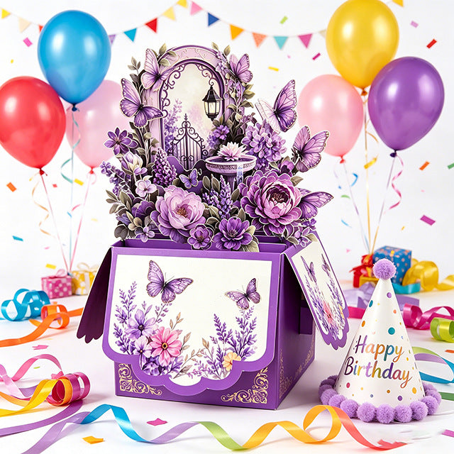 3D Pop-Up Purple Secret Garden Birthday Card Box | Enchanted Floral & Butterfly Greeting Card with Note Card & Envelope