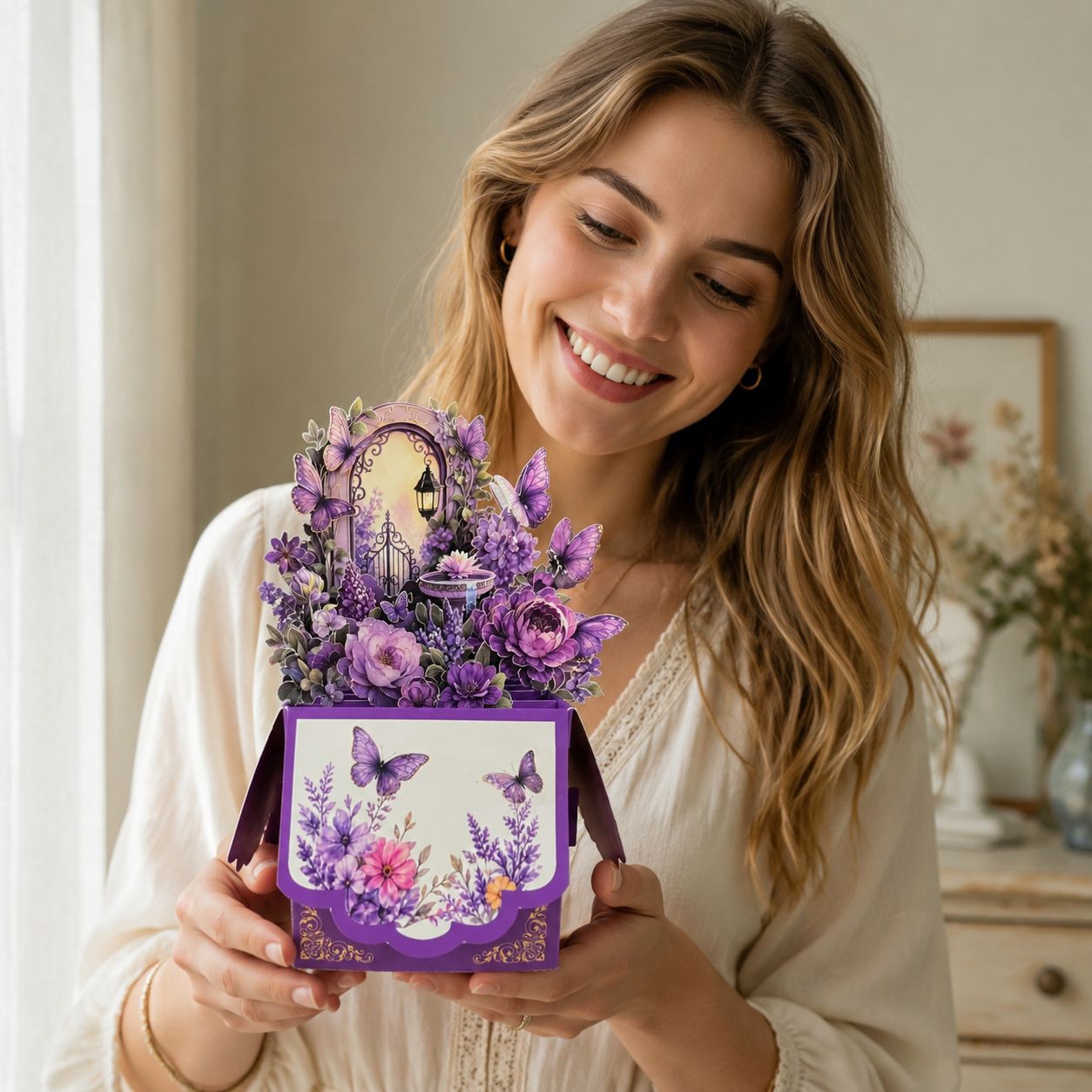 3D Pop-Up Purple Secret Garden Birthday Card Box | Enchanted Floral & Butterfly Greeting Card with Note Card & Envelope