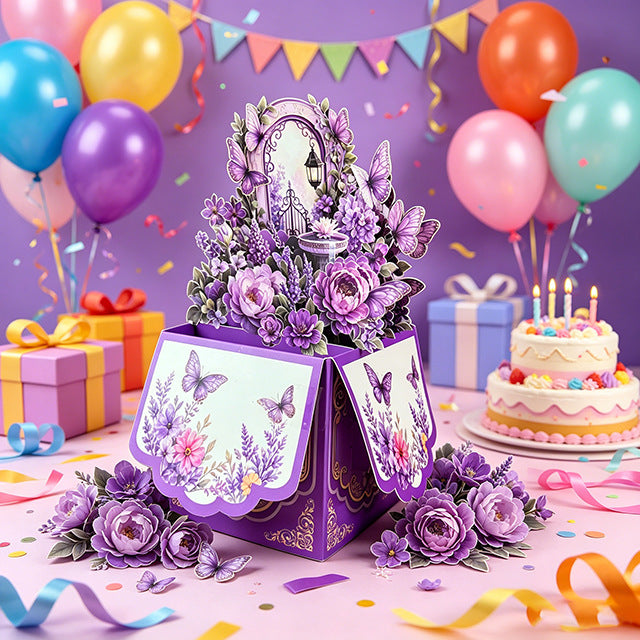 3D Pop-Up Purple Secret Garden Birthday Card Box | Enchanted Floral & Butterfly Greeting Card with Note Card & Envelope