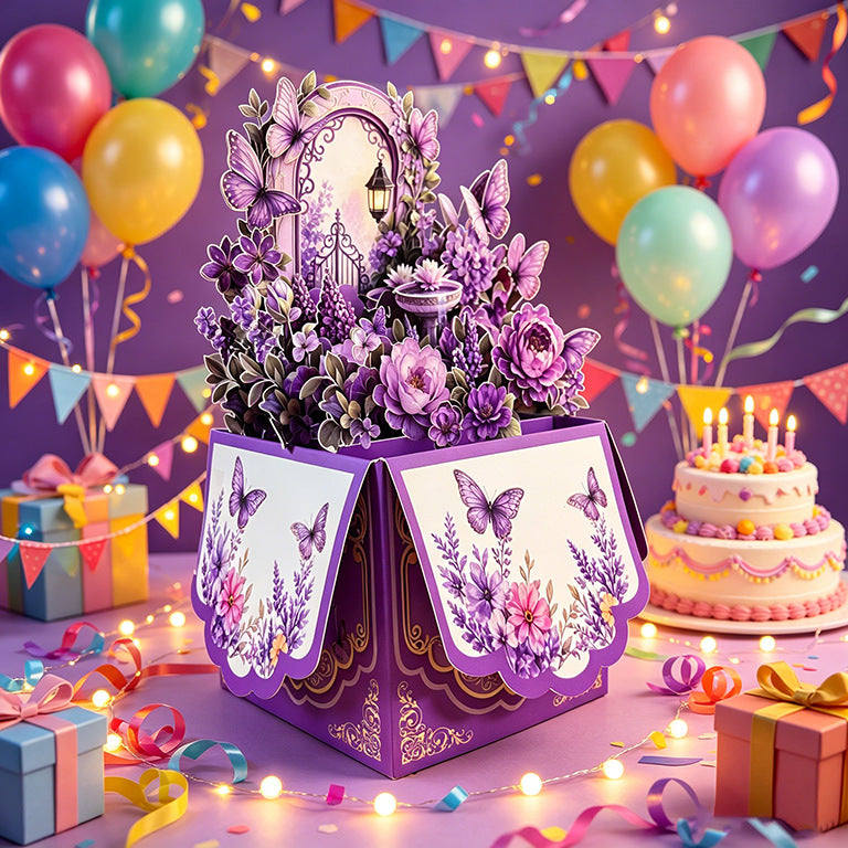 3D Pop-Up Purple Secret Garden Birthday Card Box | Enchanted Floral & Butterfly Greeting Card with Note Card & Envelope