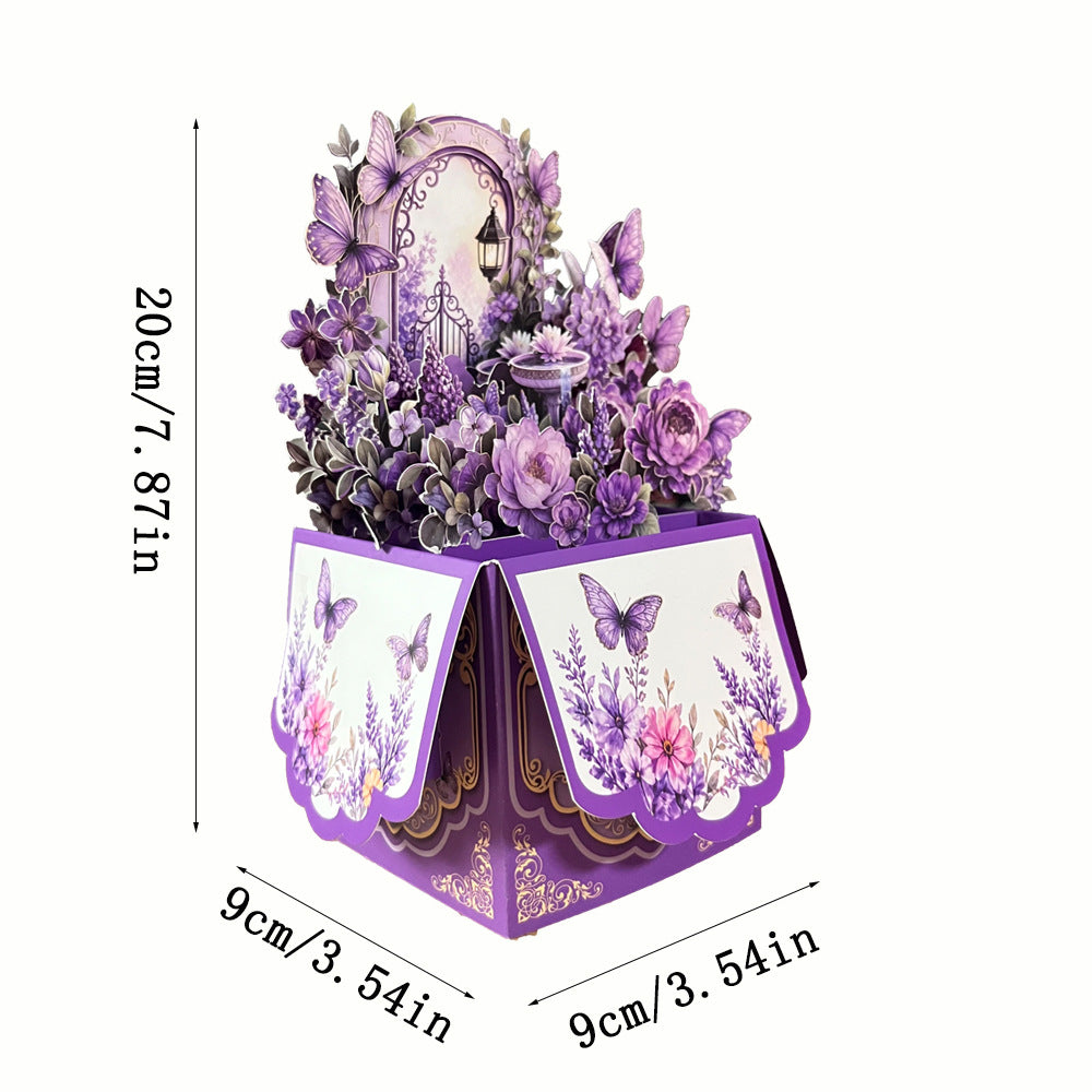 3D Pop-Up Purple Secret Garden Birthday Card Box | Enchanted Floral & Butterfly Greeting Card with Note Card & Envelope