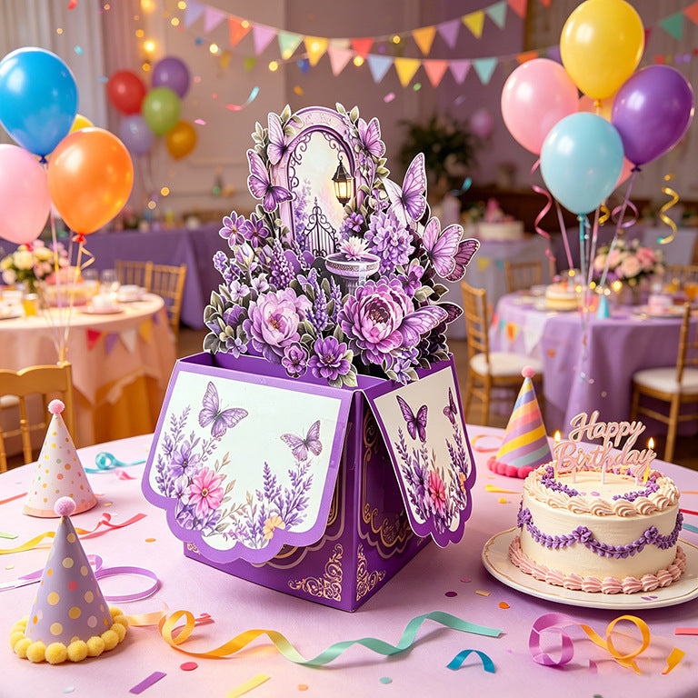 3D Pop-Up Purple Secret Garden Birthday Card Box | Enchanted Floral & Butterfly Greeting Card with Note Card & Envelope