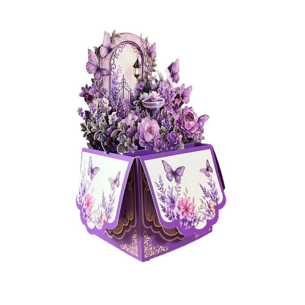 3D Pop-Up Purple Secret Garden Birthday Card Box | Enchanted Floral & Butterfly Greeting Card with Note Card & Envelope