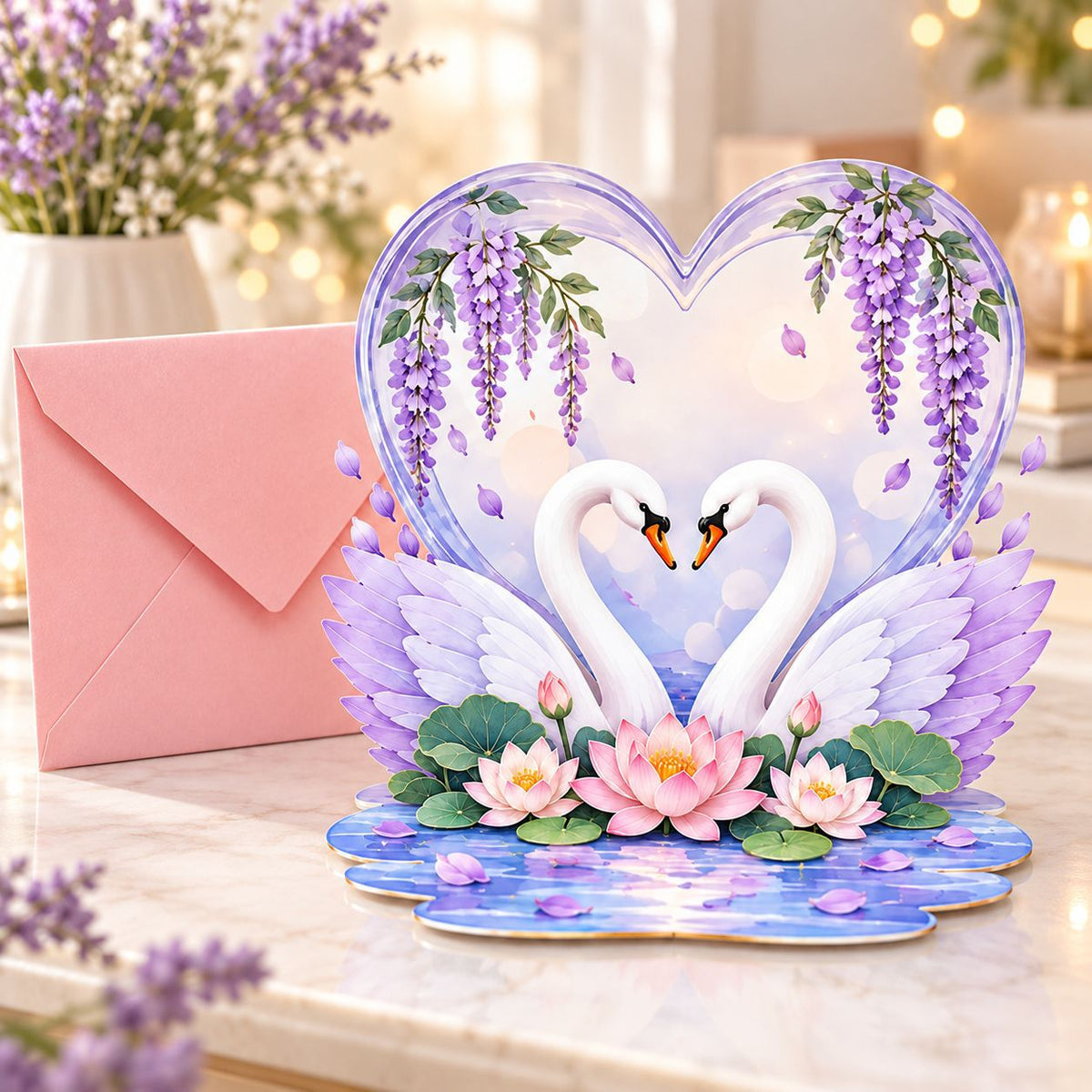 3D Pop-Up Swan Love Heart Card