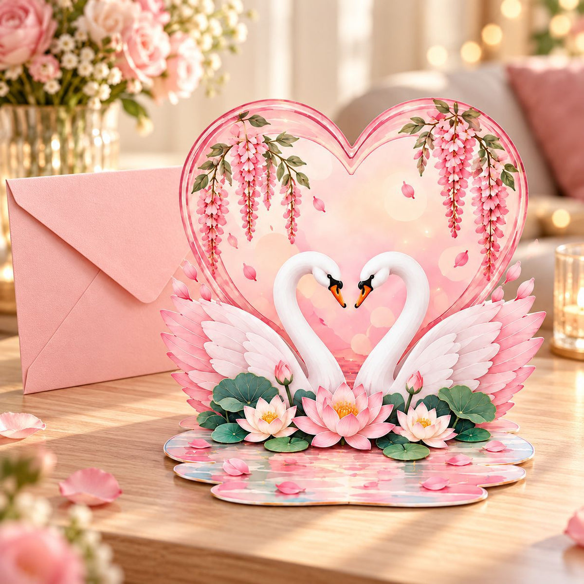 3D Pop-Up Swan Love Heart Card
