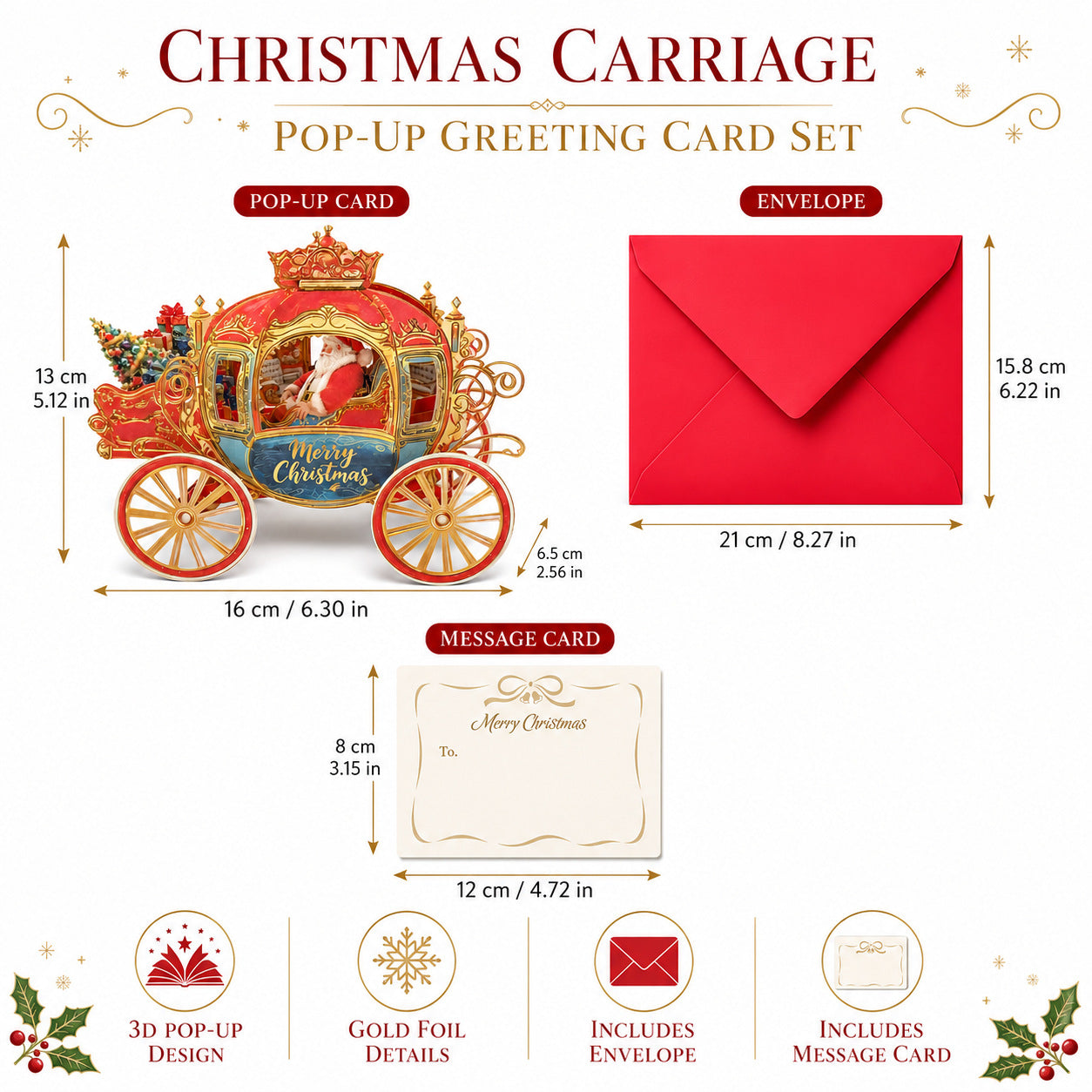 3D Pop-up Foil-Stamped Santa Sleigh Greeting Card – Festive Ornament & Creative Christmas Gift