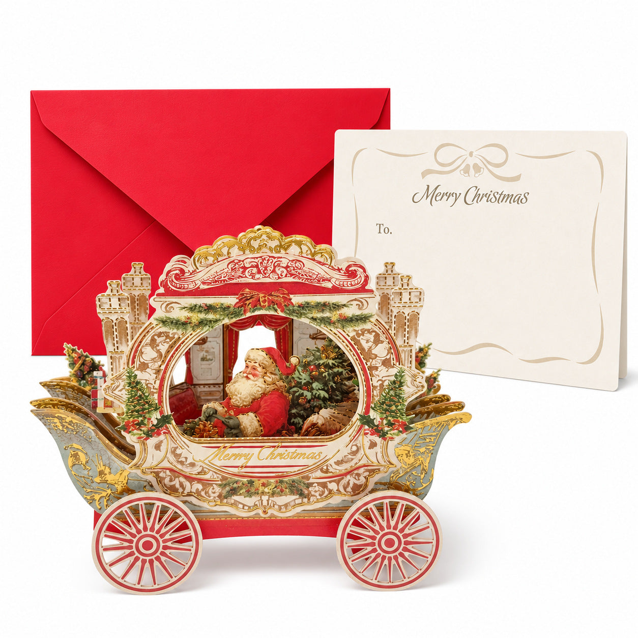 3D Pop-up Foil-Stamped Santa Sleigh Greeting Card – Festive Ornament & Creative Christmas Gift
