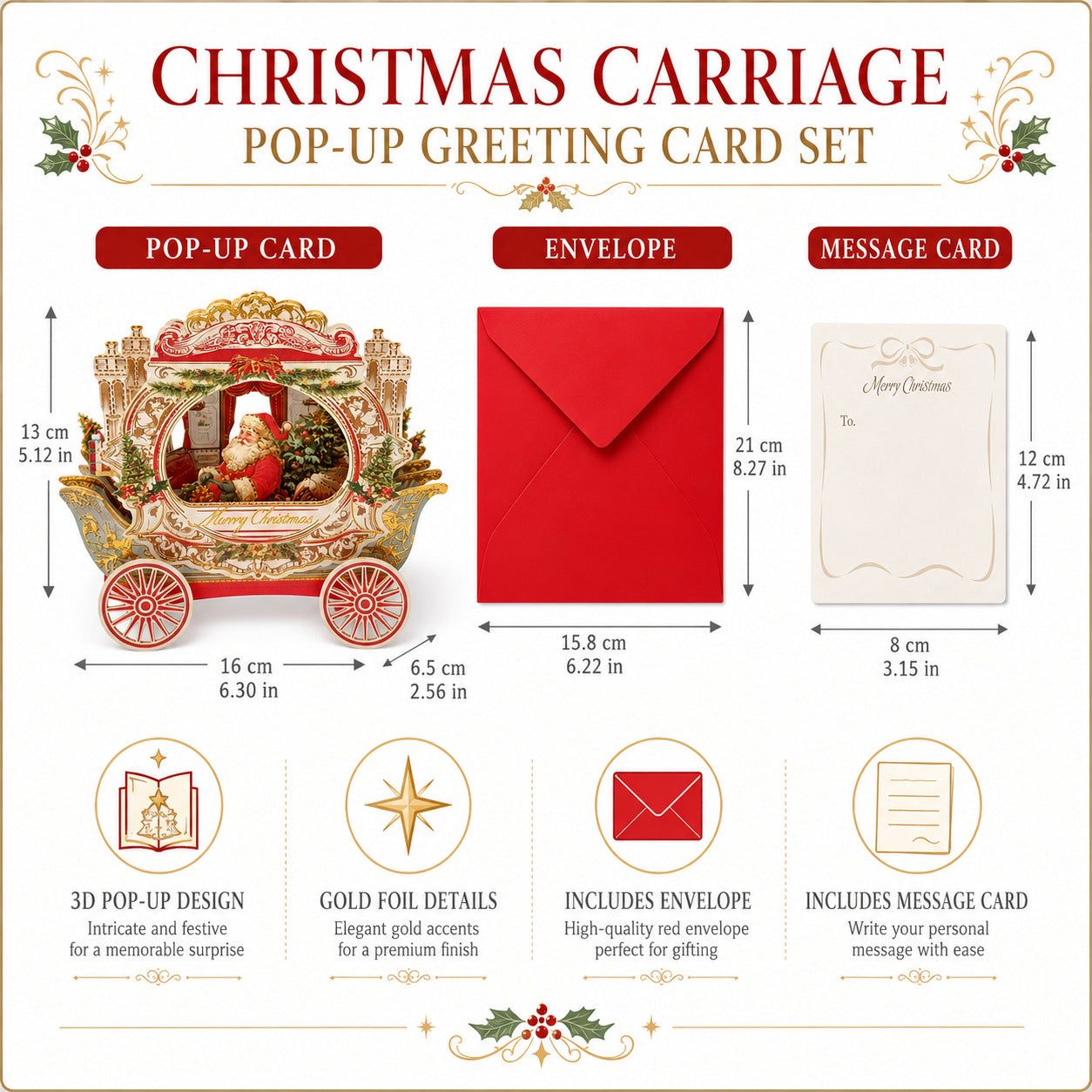 3D Pop-up Foil-Stamped Santa Sleigh Greeting Card – Festive Ornament & Creative Christmas Gift