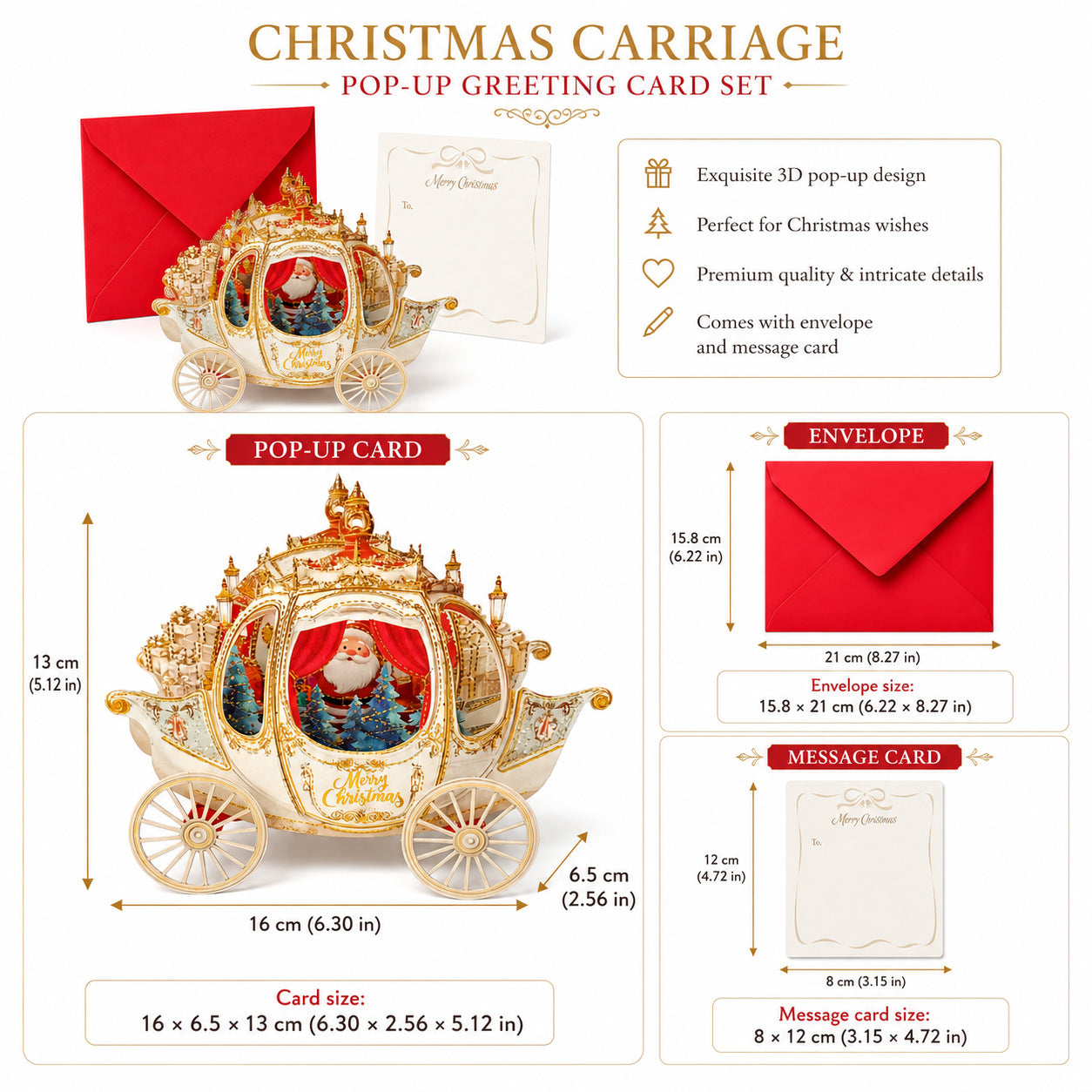 3D Pop-up Foil-Stamped Santa Sleigh Greeting Card – Festive Ornament & Creative Christmas Gift