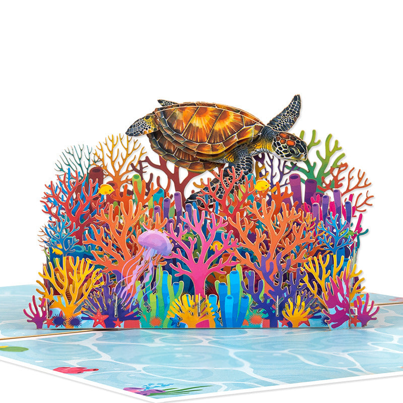3D Pop-up Sea Turtles and Coral Greeting Cards Ocean Theme Birthday Card – Handmade Holiday Gift with Blank Note Card Envelope
