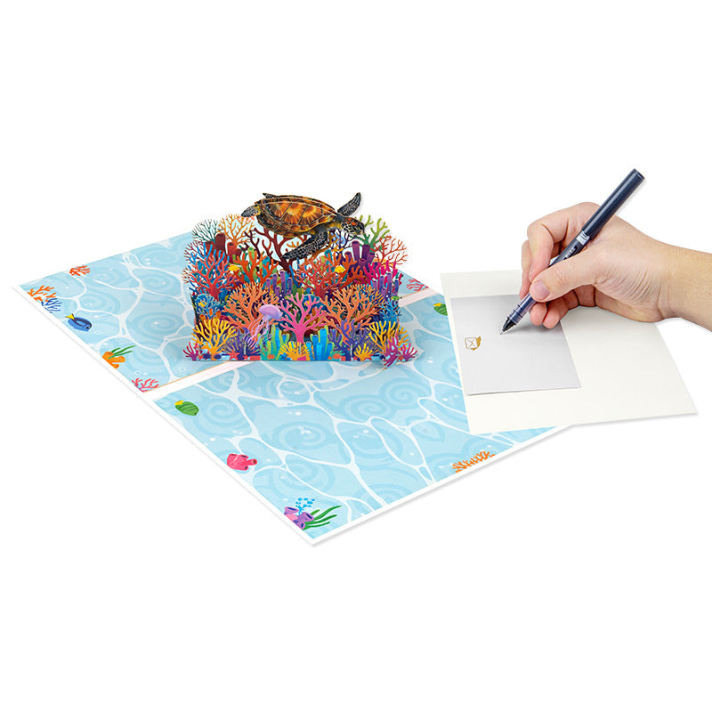 3D Pop-up Sea Turtles and Coral Greeting Cards Ocean Theme Birthday Card – Handmade Holiday Gift with Blank Note Card Envelope