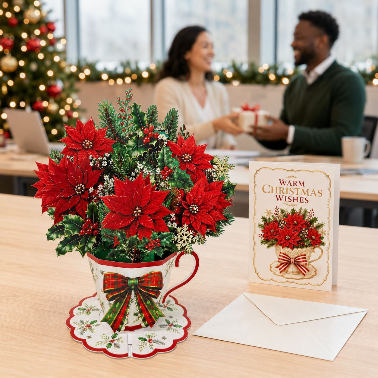 3D Pop Up Teacup Bouquet Greeting Card – Paper Cut Flower Centerpiece with Note Card & Pearlescent Envelope, Christmas/ Halloween/ General Holiday Table Decor