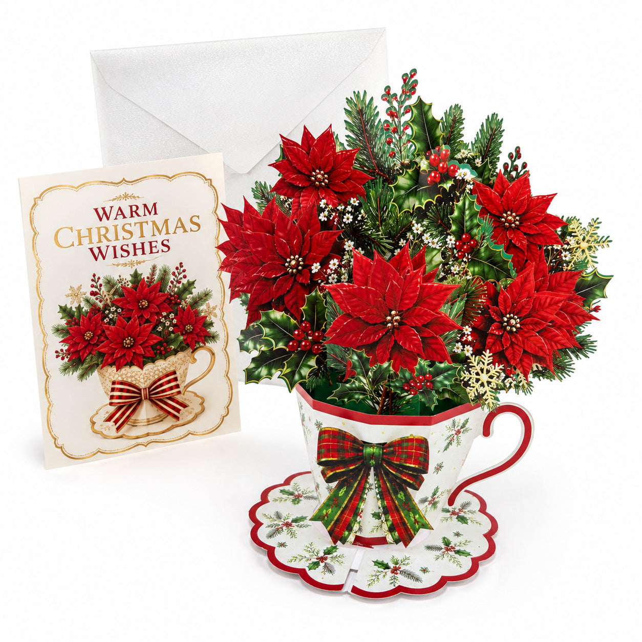 3D Pop Up Teacup Bouquet Greeting Card – Paper Cut Flower Centerpiece with Note Card & Pearlescent Envelope, Christmas/ Halloween/ General Holiday Table Decor