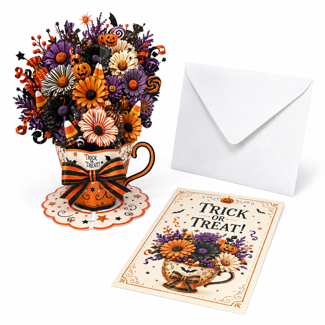3D Pop Up Teacup Bouquet Greeting Card – Paper Cut Flower Centerpiece with Note Card & Pearlescent Envelope, Christmas/ Halloween/ General Holiday Table Decor