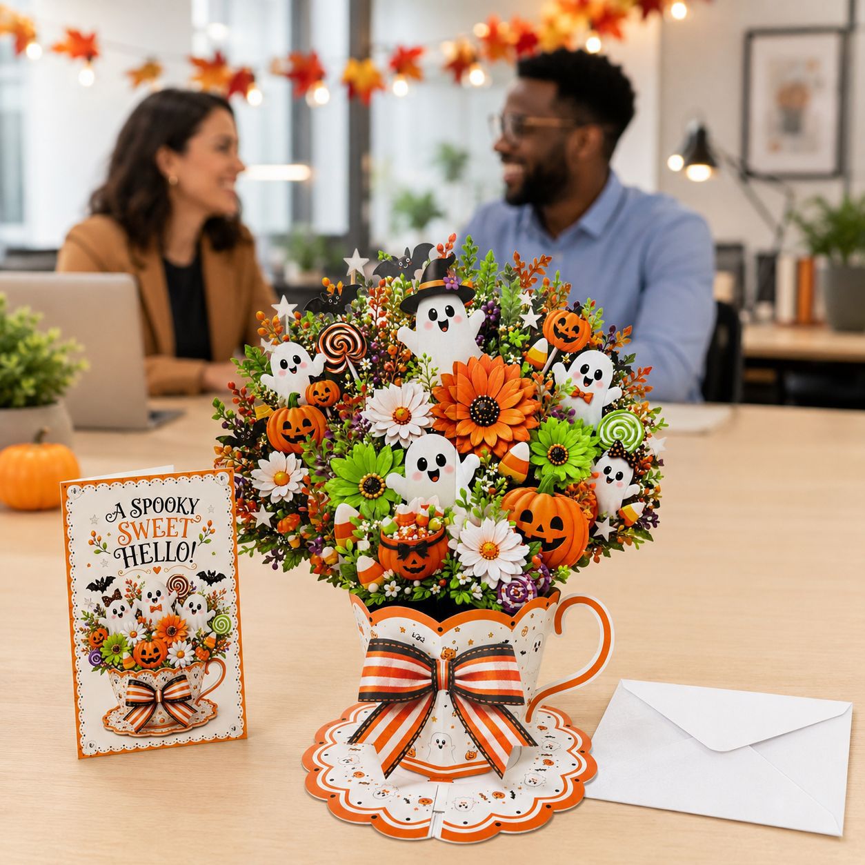 3D Pop Up Teacup Bouquet Greeting Card – Paper Cut Flower Centerpiece with Note Card & Pearlescent Envelope, Christmas/ Halloween/ General Holiday Table Decor
