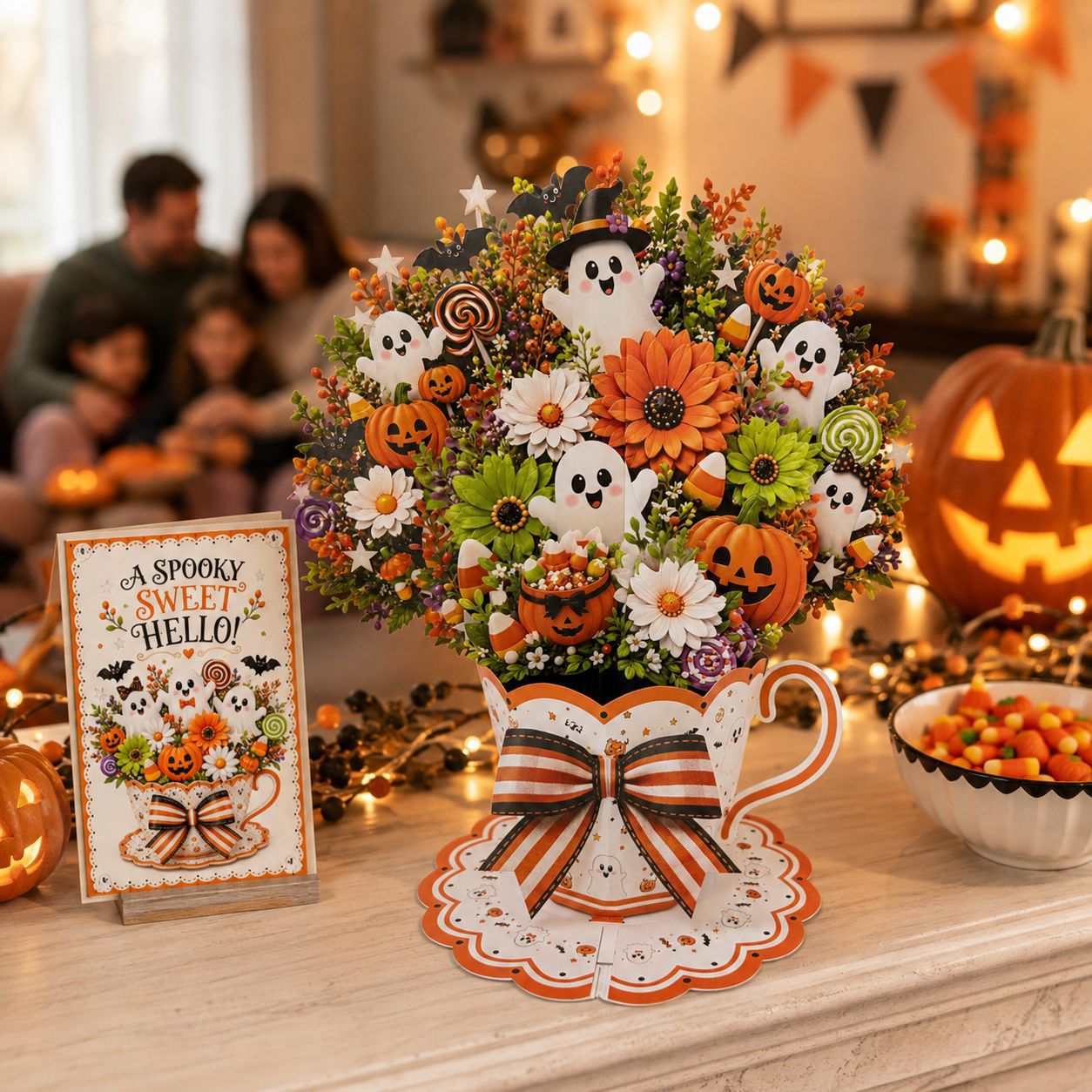 3D Pop Up Teacup Bouquet Greeting Card – Paper Cut Flower Centerpiece with Note Card & Pearlescent Envelope, Christmas/ Halloween/ General Holiday Table Decor